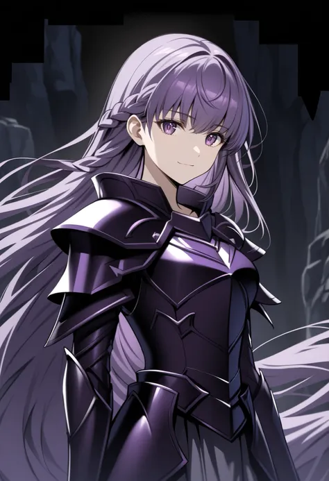 (high-quality, breathtaking),(expressive eyes, perfect face) Symmetrical Eyes, 1girl, female, solo, adult, looking at viewer, black background, soft eerie blue lighting background, rock terrain background, Dark Purple Armor, trim, full plate armor, half bo...