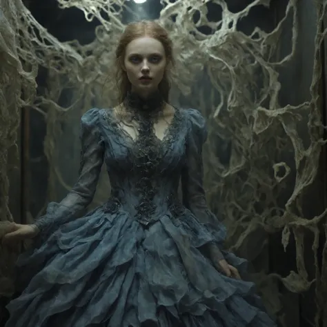 The dress is made of violet, white, and black satin and silk. Use a spotlight on the model so that the swirls around her are amplified and reverberate outwards in a pulse of light and color that is reflecting and glowing, so it contrasts with the solid bla...