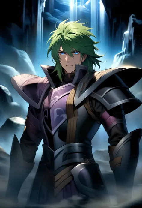 (high-quality, breathtaking),(expressive eyes, perfect face) Symmetrical Eyes, 1boy, male, solo, adult, looking at viewer, black background, soft eerie blue lighting background, rock terrain background, Dark Purple Armor, trim, full plate armor, half body ...