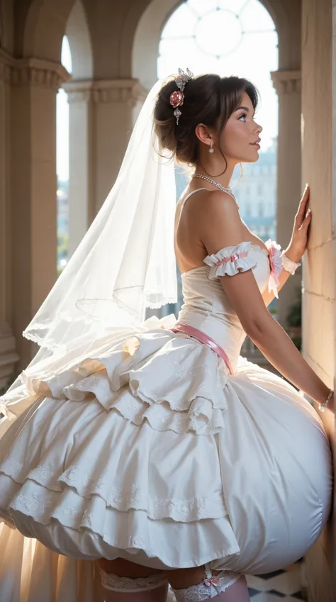 1girl, (gigantic pussy bulge:1.3), , frilly wedding dress, side view, magical girl outfit