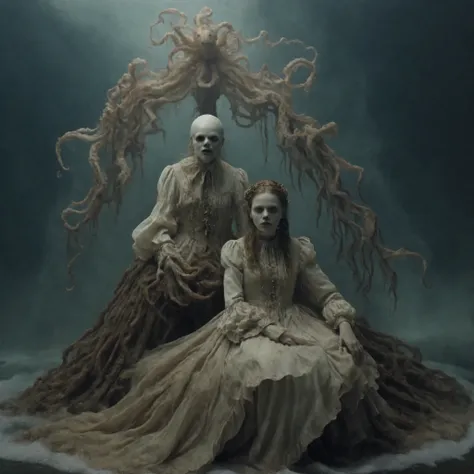 A woman with creepy faces next to her, horror,macabre face, creepy mutant creature, horror face, scary portrait, horror, highly detailed, scary look, detailed and creepy, white eyes, creepy carved expression, horrifying grin. horror, hyper realism scary,...