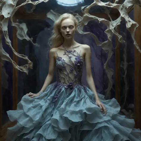 The dress is made of violet, white, and black satin and silk. Use a spotlight on the model so that the swirls around her are amplified and reverberate outwards in a pulse of light and color that is reflecting and glowing, so it contrasts with the solid bla...