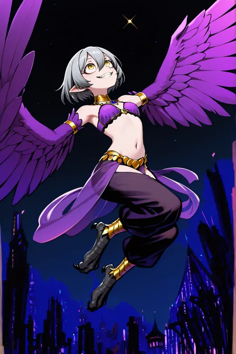 Harpy girl. Gray hair. Short hair. Yellow eyes. Wide eyes. Grinning. Purple feathers. Winged arms. Bird's feet. Flying in the sky. Looking up. Arabian dancer bra. Night sky. Black silhouette of a city.