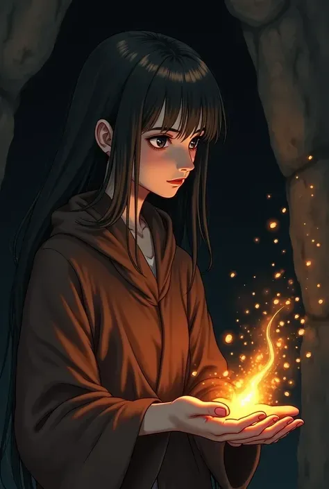 (, masterpiece),  (1 girlirl , Loneliness,Brown robe, expression face, Look elsewhere, Seats, Wide sleeves, Black colored eyes, Keep one's mouth shut,   the banded flame on the head  ,  Long hair, cow boy shot), (Mono Color,   the night sky at the entrance...