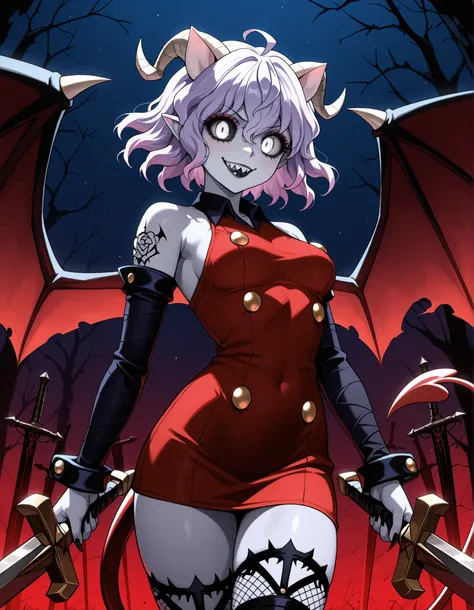 masterpiece, best quality, high resolution, very detailed on trends, best quality, ultra detailed, 1 girl, solo,Neferpitou, cute girl, anime, demon girl, dark purple skin, Briar, Daniela Dimitrescu, black lipstick, eyeshadow, forehead tattoo, Briar, white ...