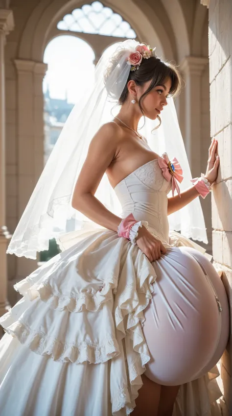 1girl, (gigantic pussy bulge:1.3), , frilly wedding dress, side view, magical girl outfit