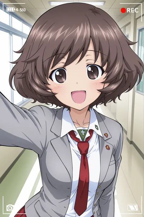 1girl, Character, Girls_und_Panzer, Yukari Akiyama, happy, Saunders school uniform, selfie, viewfinder display, School hallway, Girls_und_Panzer art style