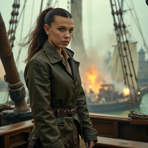 Millie Bobby Brown Capitã pirata feminina, pretty young woman, full-body photograph in the background of a pirate ship, as if it were from Pirates of the Caribbean, with pirates in a firefight with another ship
