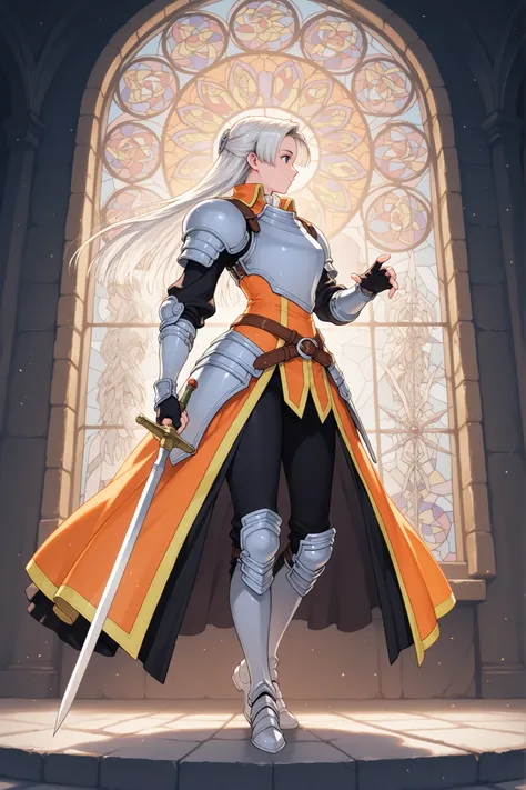 masterpiece, beautiful woman, Character, Suikoden III, Chris Lightfellow, long white hair, embossed armor, orange clothing, BREAK Stained glass window of a stag, holding a sword, full body shot, side view