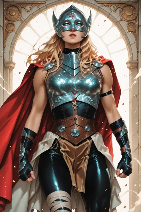 janef, long hair, cape, breastplate, mask, helmet, belt, skirt, pelvic curtain, leggings, single bracer, bandaged legs, fingerless gloves,