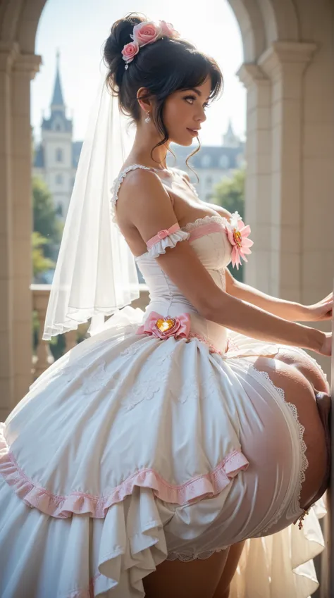 1girl, (gigantic pussy bulge:1.4), , frilly wedding dress, side view, magical girl outfit