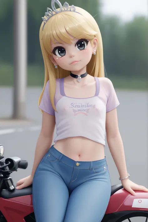 flat breasts. flat chest, skinny, huge hips, looking at viewer, 1o1a, blonde hair, tiara, Black eyes, earrings, necklace, choker. | (masterpiece , best quality:1 . 2) , (1girl , solo) , sitting on bike , on motorcycle , snap-shot-vehicle , (astride a bike ...