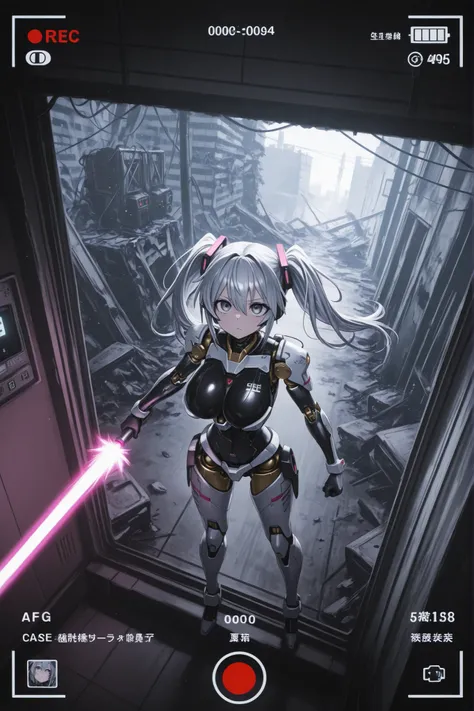 android,最high quality, masterpiece, cartoon-like production, Anime Style 、解剖学的に正しいSuper Detailed,high resolution,slender,high quality、,score_9、score_8_up、score_7_up、最high quality、  one girl（  androidガール、mechanical body、Determined gaze looking up at the cam...