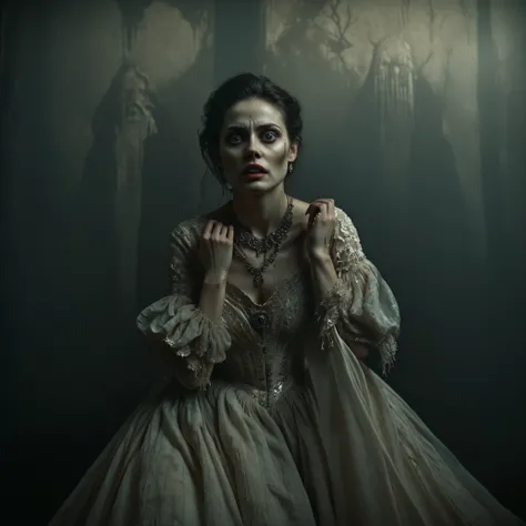 Daguerreotype, tintype, sepia-toned photograph, a woman with creepy faces next to her, horror, macabre face, creepy mutant creature, the demon in the wall reaches for the woman, horror face, scary portrait, horror, highly detailed, scary look, detailed ...