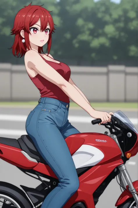 Tomo Aizawa , medium hair, red hair, medium breasts, earrings, pink lips , fire red eyes, muscle body, |  (masterpiece , best quality:1 . 2) , (1girl , solo) , sitting on bike , on motorcycle , snap-shot-vehicle , (astride a bike , denim Pants , sneaker) ,...