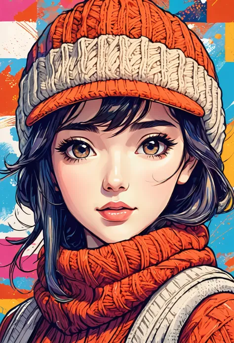 rough sketch manga painting style, cute woman, knit flight cap, pop art background, ultra detailed, absolutely resolution, masterpiece