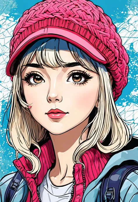 rough sketch manga painting style, cute woman, knit flight cap, pop art background, ultra detailed, absolutely resolution, masterpiece