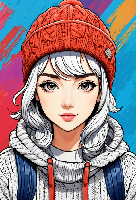 rough sketch manga painting style, cute woman, knit flight cap, pop art background, ultra detailed, absolutely resolution, masterpiece