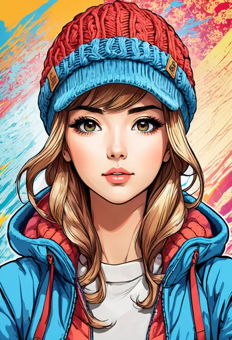 rough sketch manga painting style, cute woman, knit flight cap, pop art background, ultra detailed, absolutely resolution, masterpiece