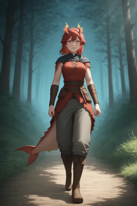 Tomo Aizawa , medium hair, red hair, medium breasts, earrings, pink lips , fire red eyes, muscle body, |   fins on the head, is dressed in light medieval pants and light medieval clothes and foot boots , walks along a path in the forest . A sun, gloomy for...
