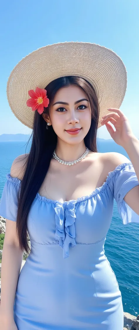 Dslr portrait of captures a plump muscle korean woman outdoors on a bright, sunny day, with a vast expanse of blue water behind her.
She is smiling and looking to the side while holding the brim of her wide-brimmed straw hat. Her long, dark straight hair ...