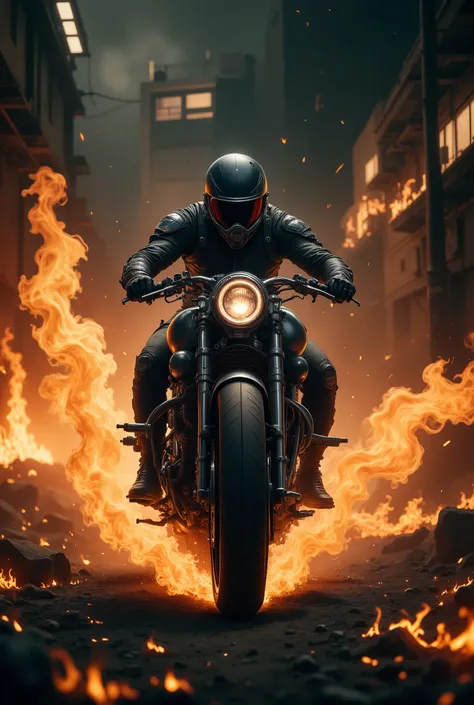 A motorcyclist, clad in black protective gear and helmet, rides a powerful motorcycle that is engulfed in intense, roaring flames. The scene is dramatic and surreal, with embers flying through the air and the ground ablaze, illuminating the dark surroundin...