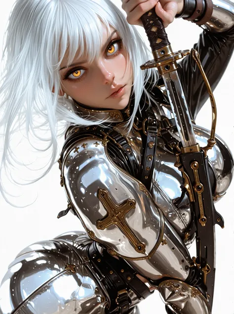 Masterpiece Background , the best quality ,strength,, pretty face,piel clara, shiny hair , ultra detailed eyes ,highly detailed leather Blush,pulling bra, wide hips, ultra high definition, perfect quality, fine details, 1girl,(Alone:1.3),
wielding a katan...