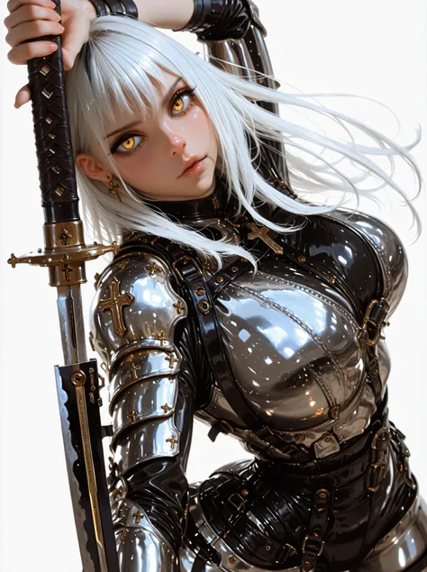 Masterpiece Background , the best quality ,strength,, pretty face,piel clara, shiny hair , ultra detailed eyes ,highly detailed Blush leather,pulling bra, wide hips, ultra high definition, perfect quality, fine details, 1girl,(Alone:1.3),
wielding a katan...