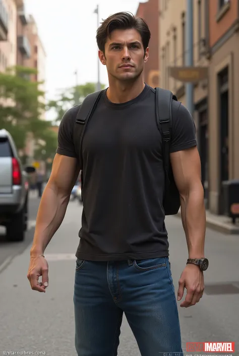 Peter Parker, roupas civis, tight dark t-shirt, jeans, botas curtas pretas, athletic, definido, slightly wavy short dark brown hair, Light brown eyes, adulto, realista, fundo da cidade, pose casual.