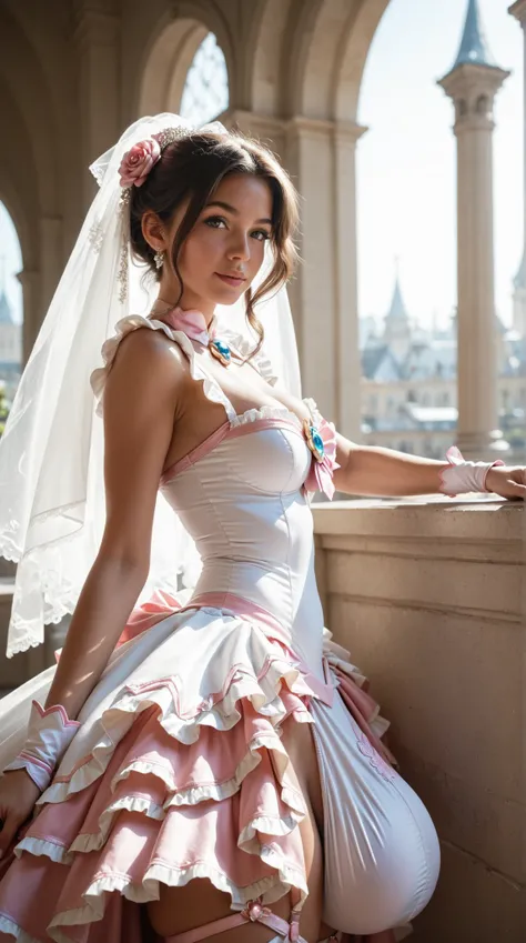 1girl, (gigantic pussy bulge:1.3), magical girl outfit, frilly wedding dress, side view, looking viewer, 
