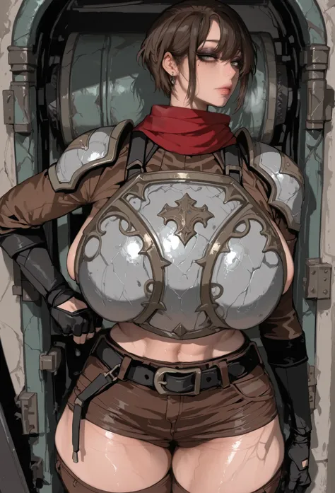 akimbo, ruanyi0046,l1h4nb0y, brown hair, short hair, brown shirt, brown pants, green eyes, belt, red scarf, pauldrons, breastplate, mamimi, beautiful elegant faces, huge Breasts, wide hips, huge ass, thick legs, thick arms, look at the viewer, eyes fully v...