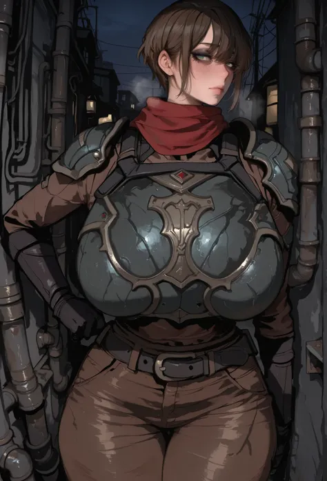alley,no humans,power lines,industrial pipe,dark,night,dim lighting,blush, embarrassed, hand press on hips, ruanyi0046,l1h4nb0y, brown hair, short hair, brown shirt, brown pants, green eyes, belt, red scarf, pauldrons, breastplate, mamimi, beautiful elegan...