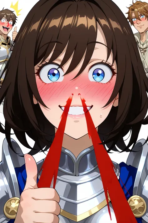 ExpressiveH, 1boy , solo, solo focus, highly detailed face, detailed eyes, cute blush, blushing, 1girl, brown hair, shiny blue eyes, short hair, knight armor, fantasy , (obra maestra, altamente detallado, la mejor calidad, 8k), big eyes,  innocent look, cu...