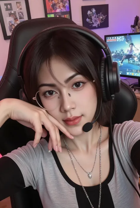 A photorealistic image of a Indonesian Javanese woman taking a selfie while resting her chin on her perfect hand (auto correct detail fingers) . She is wearing gaming headphones and sitting comfortably in a stylish gaming chair, huge breast , large cleavag...