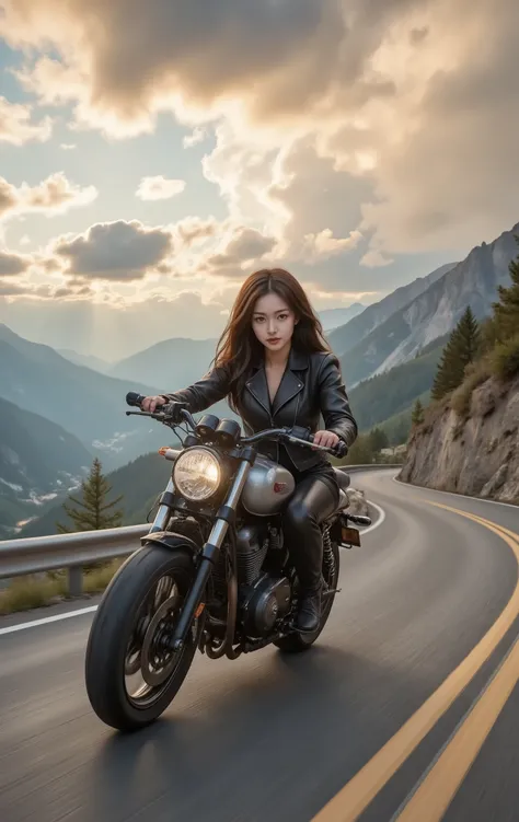 beautiful girl, Motorcyclist, beautiful young woman riding a motorcycle, long brown hair flowing in the wind, expressive face with fierce determination, wearing black leather jacket and gloves, sitting upright on powerful motorcycle, speeding through windi...