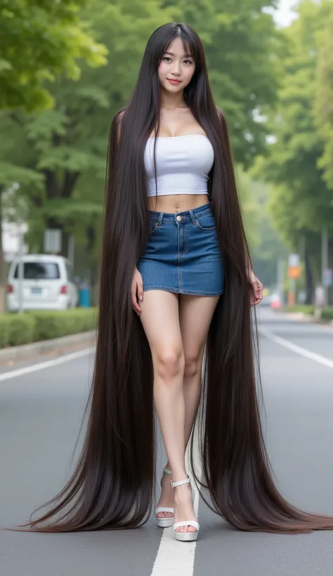 (masterpieces, super detailed, 8k, photorealistic). Very cute and young Vietnamese girl with dimples.she is standing .She wears a sleeveless and strapless white tube dress very tight , fitted tight denim mini skirt and white high heel. She has the longest ...