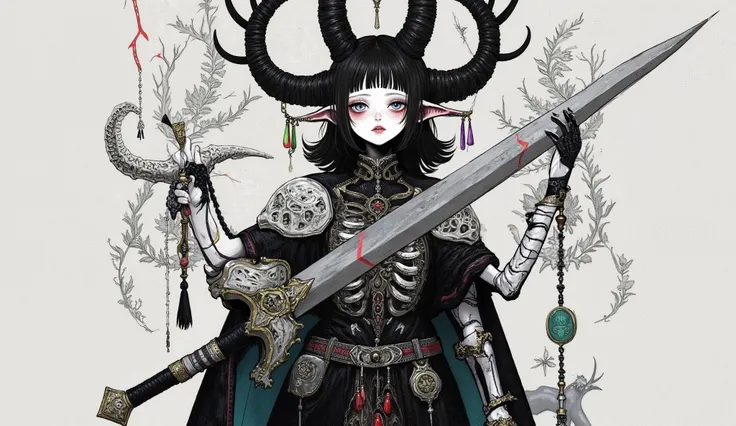 nipple,Harry Clarke's style,in the style of David Simms, 
 fullbody ,  front view,( dynamic pose:1.6),（Shoulder-carrying sword:3.8)
1 Girl,( Bone Prong Armor :1.2), ( Grey Skull Shoulderplate:1.2), (Skull belt:1.2), (The phalanx chest is covered:1.3), ( Bo...