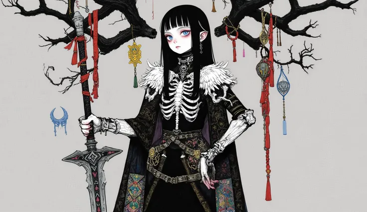 nipple,Harry Clarke's style,in the style of David Simms, 
 fullbody ,  front view,( dynamic pose:1.6),（Shoulder-carrying sword:3.8)
1 Girl,( Bone Prong Armor :1.2), ( Grey Skull Shoulderplate:1.2), (Skull belt:1.2), (The phalanx chest is covered:1.3), ( Bo...