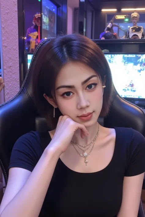 A photorealistic image of a Indonesian Javanese glasses woman taking a selfie while resting her chin on her perfect hand (auto correct detail fingers) . She is wearing gaming headphones and sitting comfortably in a stylish gaming chair, gold thin round fra...