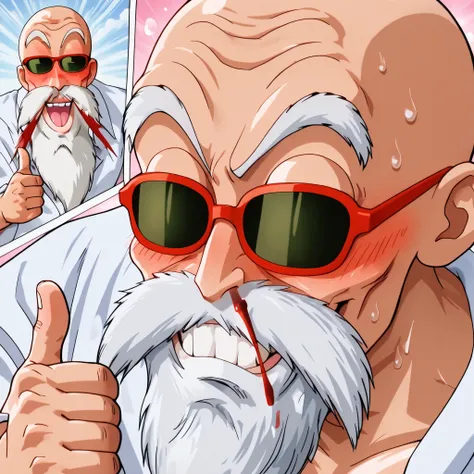 ,ExpressiveH, 1boy , solo, solo focus, highly detailed face, 1boy, solo, only one man, master roshi, roshiill, old man, beard, sunglasses, blushed face, bald , (obra maestra, altamente detallado, la mejor calidad, 8k), big eyes,  innocent look, cute, steam...