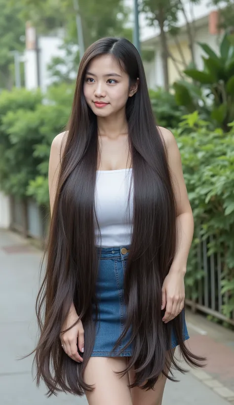 (masterpieces, super detailed, 8k, photorealistic). Very cute and young Vietnamese girl with dimples.she is standing .She wears a sleeveless and strapless white tube dress very tight , fitted tight denim mini skirt and white high heel. Cô ấy dài nhất đến ...