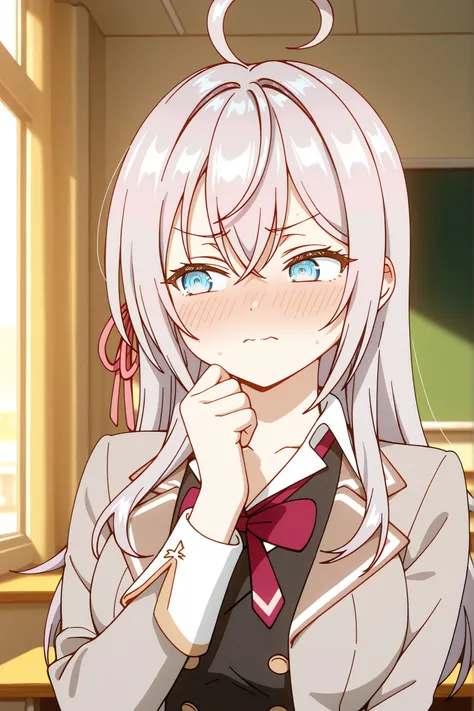 Alisa Mikhailovna Kujou, classroom, embarrassed expression, slight blush on her cheeks, gentle look, perfect body, masterpiece,best quality,amazing quality,