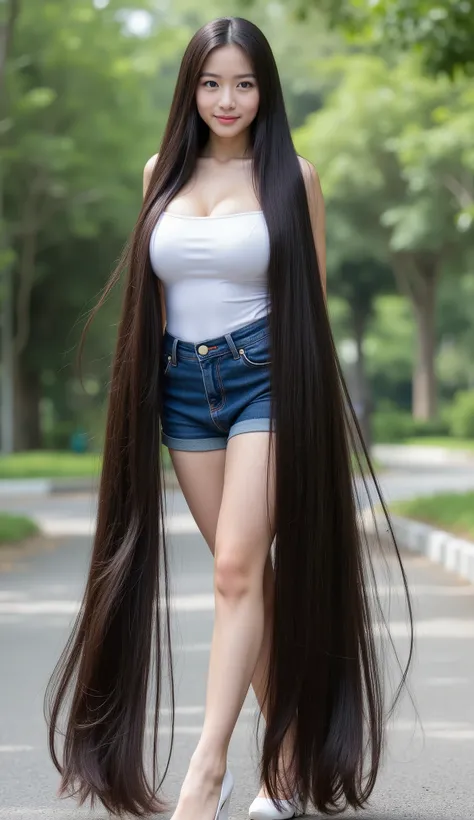 (masterpieces, super detailed, 8k, photorealistic). Very cute and young Vietnamese girl with dimples.she is standing .She wears a sleeveless and strapless white tube dress very tight , fitted tight denim mini skirt and white high heel. Cô ấy dài nhất đến ...