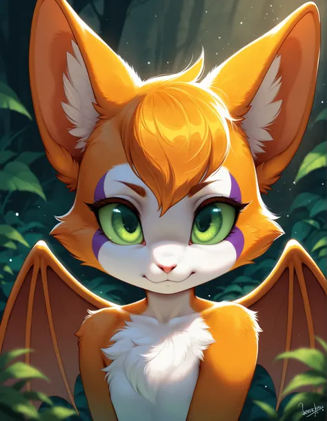 ,, masterpiece, best quality, very aesthetic, (1girl:0.7),, (solo:1.3), furry, fidget \(elysian tail\), nimbat, fidget_daet, anthro, furry female, wings, tail, green eyes, colored sclera, bat wings, facial markings, orange fur, white fur, two-tone fur,memb...