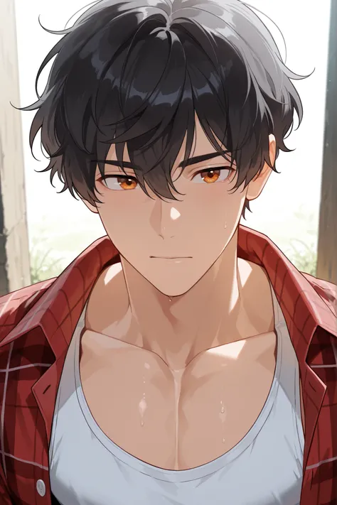 {{score_9, score_8_up, score_7_up}}, Male, masculine, (lean body, muscular body, well proportioned body), (black hair, wavy hair, short hair), amber eyes, (red flannel shirt, unbuttoned flannel shit), white tank top, (young adult, early-twenties), solo, fa...