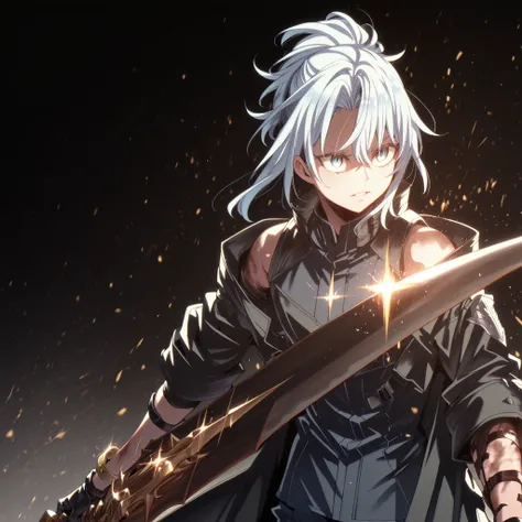 sozinho, 1 menino, e curto, pequeno personagem, Personagem curto, personagem 1.50 metros de altura, e curto, personagem jovem, with Vanitas male body from "vanitas no carte", male character, campo longo, loose white hair with blue underside, young e curto ...