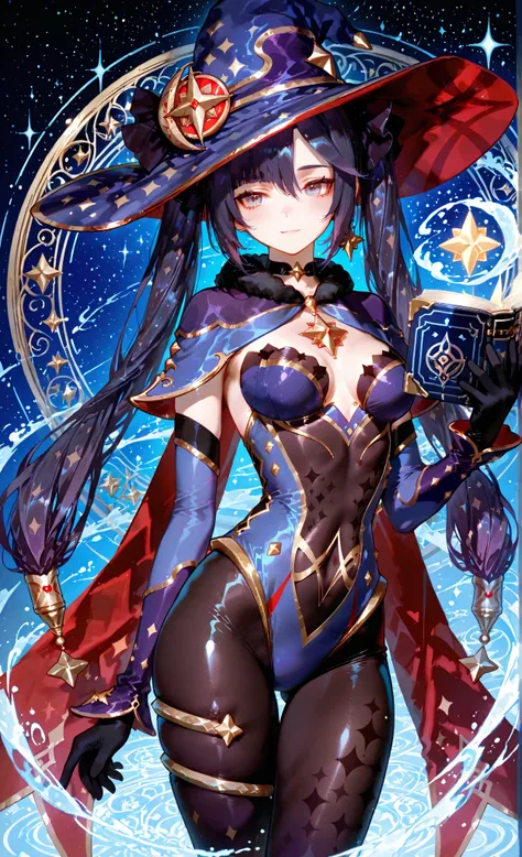 Mona Megistus from Genshin Impact, anime-style, slender figure, fair smooth skin with subtle pinkish tone, long dark indigo twin-tail hair tied with star-shaped accessories, same-colored indigo eyes glowing faintly, wearing her signature astrologer outfit — tight dark bodysuit with purple and navy tones, golden star patterns, flowing cape with a starry gradient, high sorceress hat with golden edges and red ribbon, thigh-high boots, elegant gloves, detailed magical ornaments, high-quality rendering, intricate textures, glossy fabric finish
Holding an open astrology book with golden light, calm and confident expression.