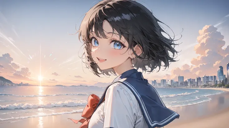 (Best Quality,4K,8k,high resolution,masterpieces:1.2),City Pop, Face Details,1girl, one girl, 밝은 anime style, summer, Beach, Clear orange sunset sky, white clouds , School uniform, white shirt, red ribbon, blue navy blue skirt with rich background, sera...