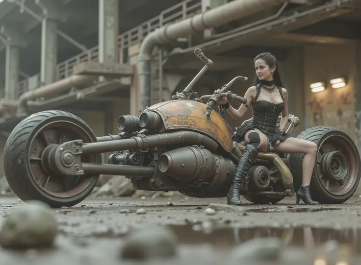 The image shows a desolate scene with a seated woman, and taking the handlebars to adapt to the speed on a uniquely designed motorcycle that embodies a steampunk or post-apocalyptic aesthetic. The motorcycle is sturdy, has only 2 sturdy all-terrain wheels,...