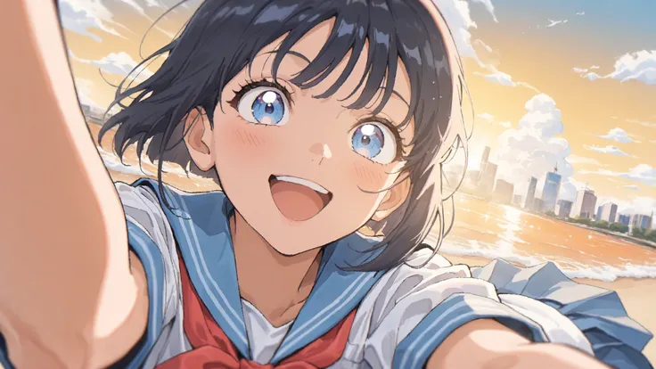 (Best Quality,4K,8k,high resolution,masterpieces:1.2),City Pop, Face Details,1girl, one girl, 밝은 anime style, summer, Beach, Yellow sky at sunset, white clouds , School uniform, white shirt, red ribbon, blue navy blue skirt with rich background, sera su...